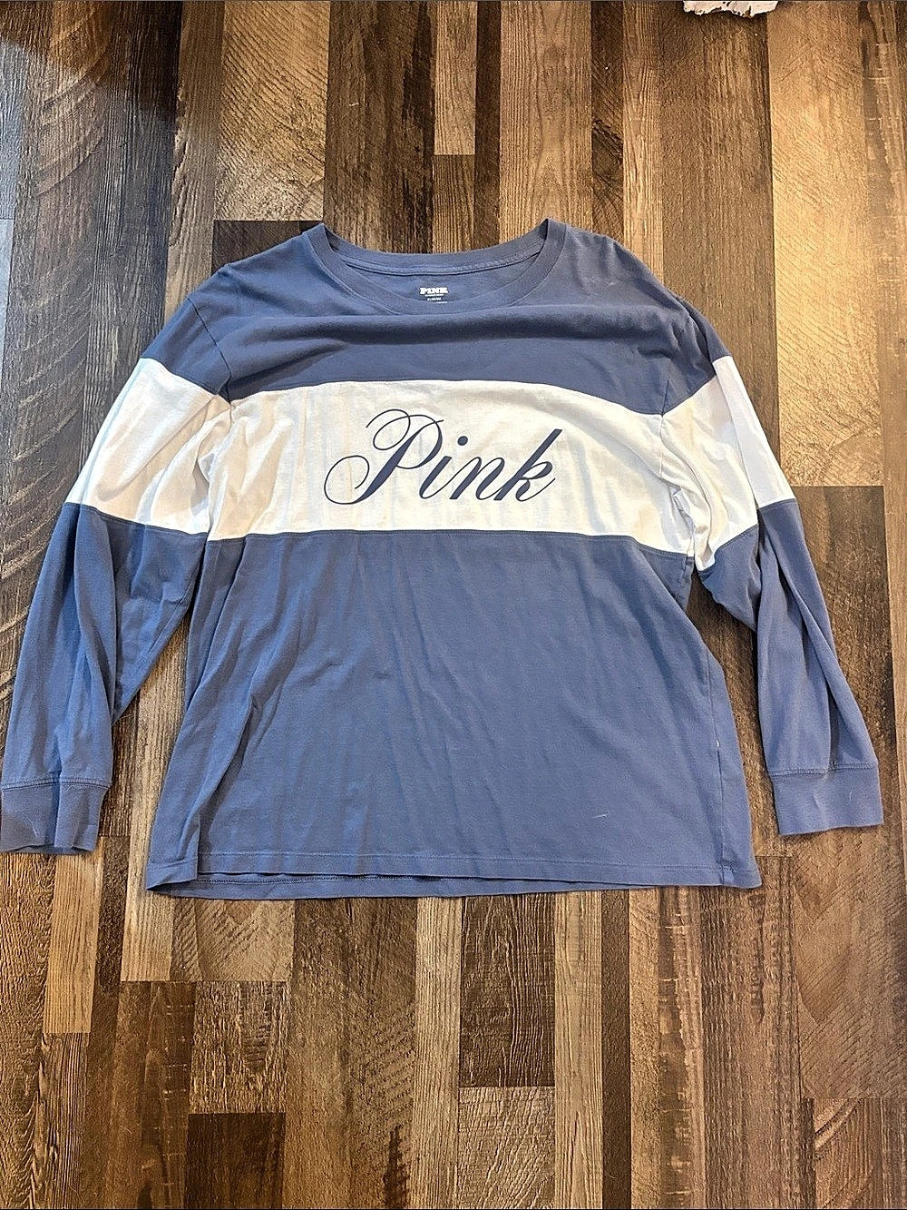 Victoria's Secret PINK Color Block Long Sleeve Tee Blue & White Medium